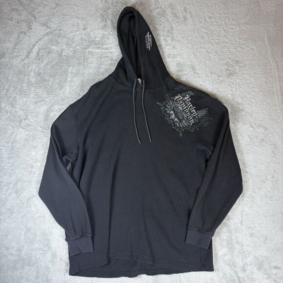 Harley Davidson Hoodie Mens Large Black Thermal Henley Waffle Knit Sweater - Picture 1 of 9
